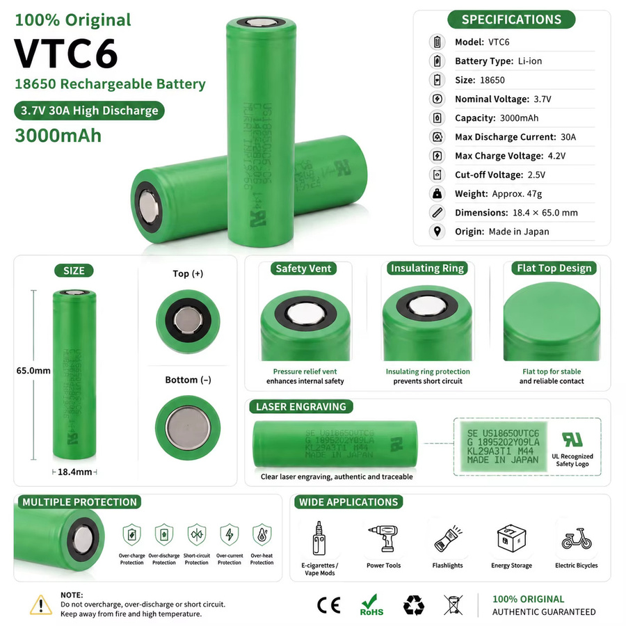 18650 VTC6 Lithium-Ionen-Akku 3,7V 3000mAh Hochleistungs-Zelle in Grün für LED-Taschenlampen und tragbare Beleuchtungsgeräte - Bild 2