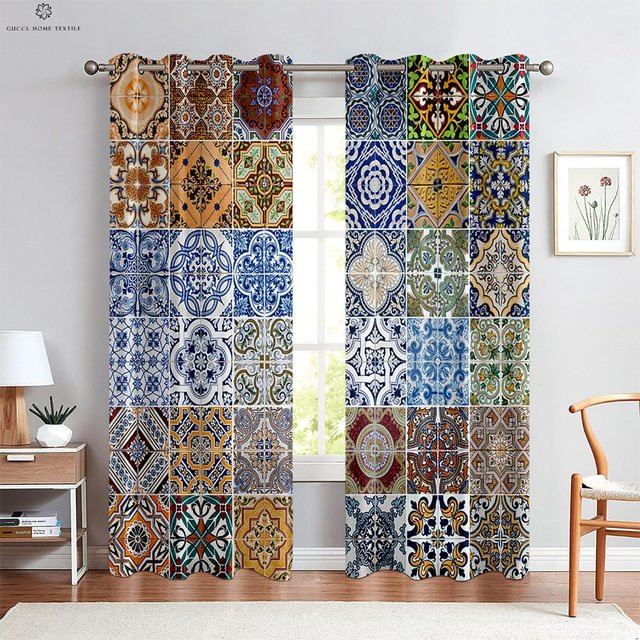 Bunter karierter Vorhang im Retro-Boho-Stil, 2er-Set aus Polyester, Mehrfarbig, Breite: 70 cm, Höhe: 100 cm - Bild 1