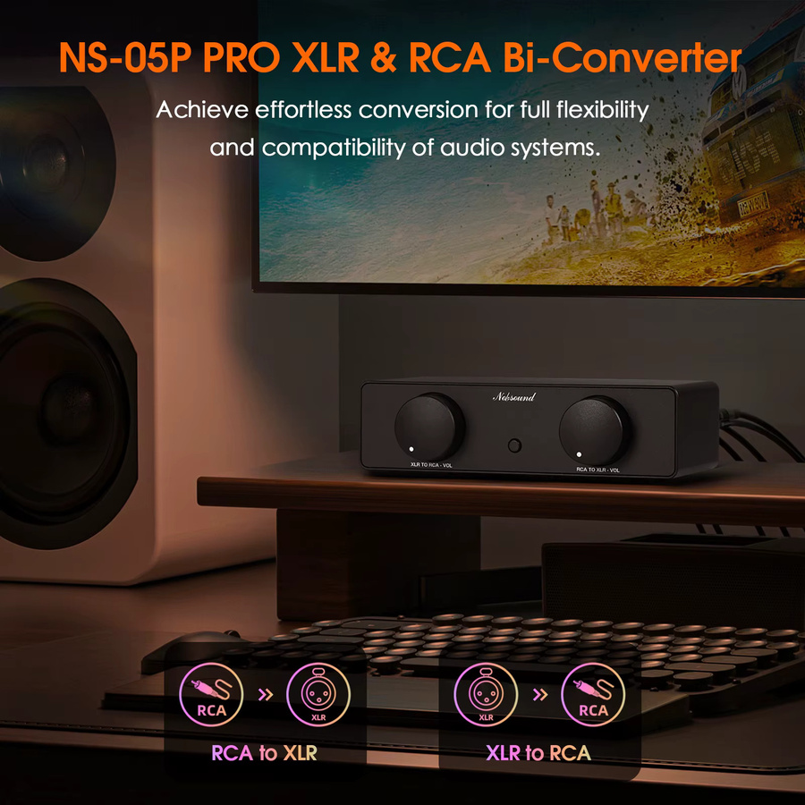 Nobsound NS-05 PRO HiFi XLR zu RCA Audiokonverter, bidirektionaler Adapter-Vorverstärker mit Lautstärkeregelung, Schwarz - Bild 3