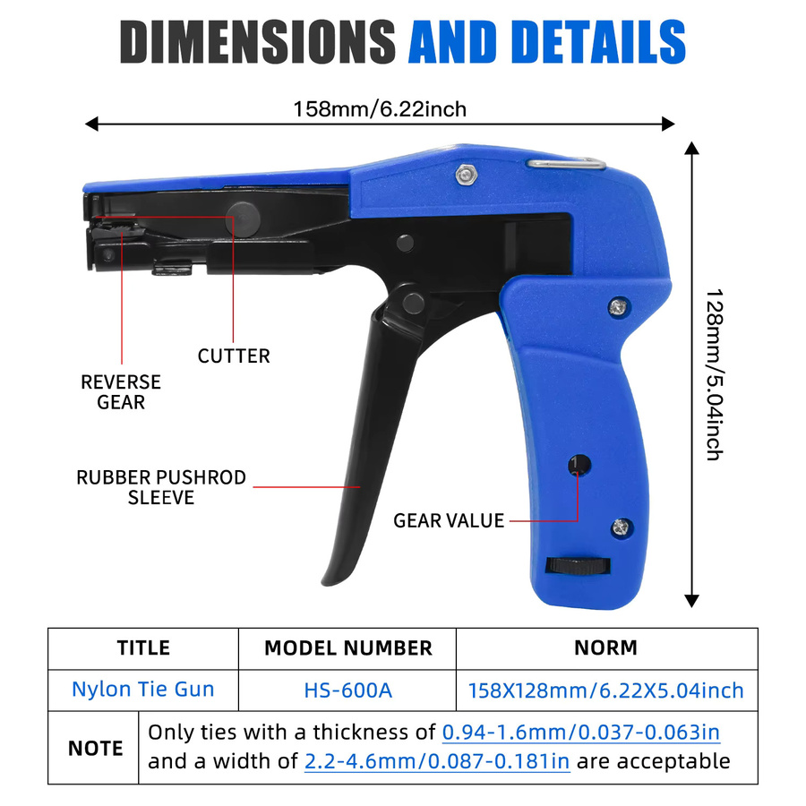 CLAMPLUS Hs-600A Zangenbefestigungs- und Schneidwerkzeug für Nylon-Kabelbinder, Blau, Breite: 2,4–4,6 mm - Bild 2