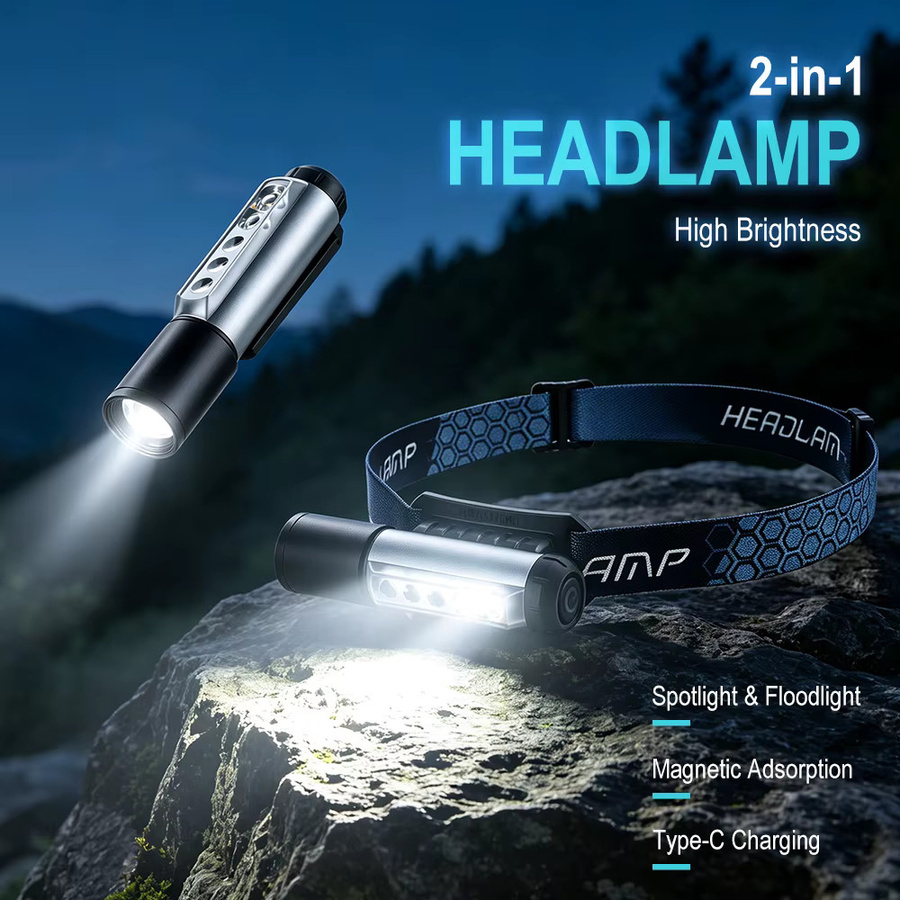 BORUiT 2-in-1 LED-Stirnlampe und Taschenlampe mit 450 Lumen, Typ-C wiederaufladbar, zoombar, 9 Modi und Magnet, Schwarz - Bild 2