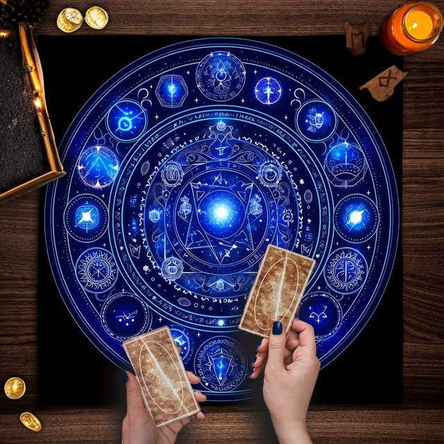 VIKAMA Mystic Tarot Tischset in Blau mit Boho-Astrologie-Design für deine Mottoparty oder als Altartuch - Bild 1