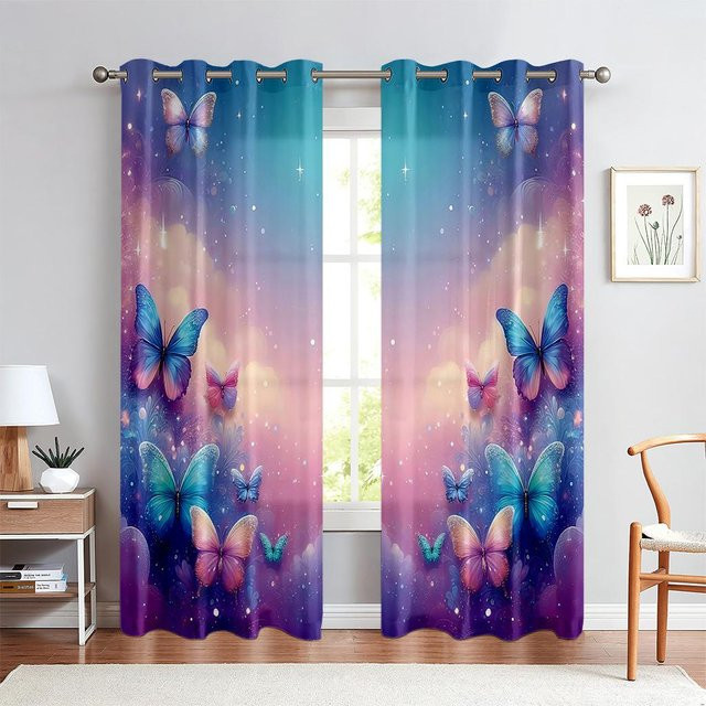 3D-Traumvorhang mit Schmetterlings-Motiv für Kinderzimmer, 2 Paneele, Violett/Mehrfarbig, B: 100 cm, H: 240 cm - Bild 1