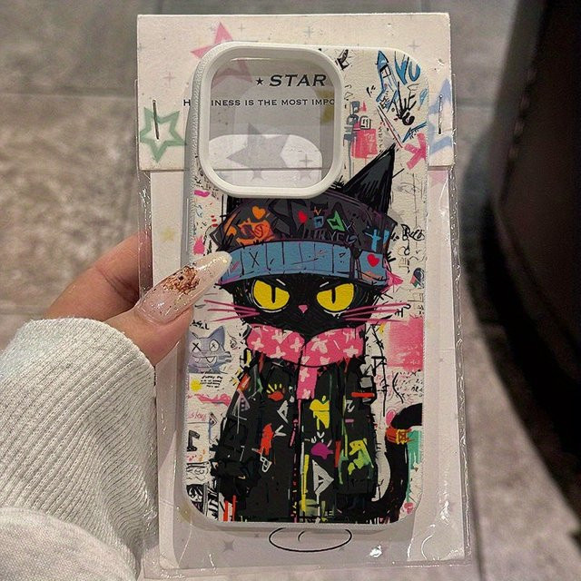 Handyhülle mit Graffiti-Katze-Lychee-Muster für Apple iPhone 17 16 15 Pro Max Plus Serien in Beige und Multicolour - Bild 1