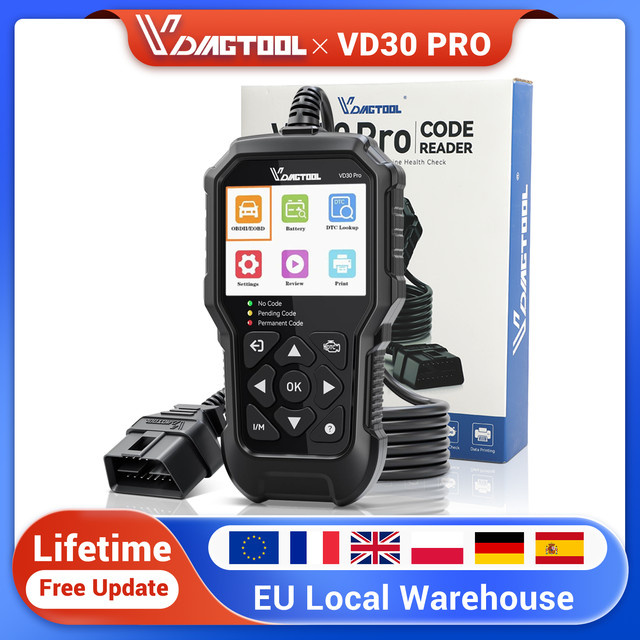 VDIAGTOOL VD30 PRO OBD2-Code-Lesegerät in Schwarz: Diagnosegerät für Pkw und Lkw mit I/M-Bereitschaftsprüfung und Batterietester - Bild 1