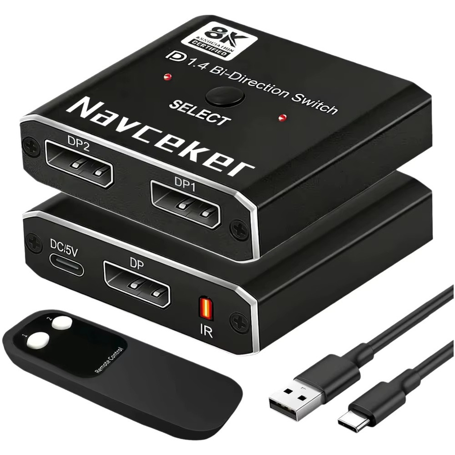 Navceker DisplayPort Switch 2-in-1-out 8K und 4K 120Hz DP-Umschalter mit IR-Fernbedienung, Schwarz - Bild 6