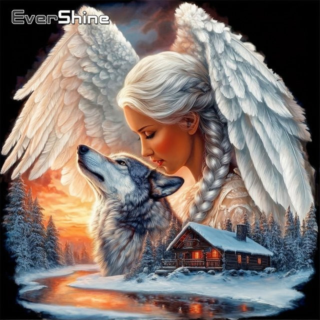 EverShine Diamant-Stickerei 5D Mosaik-Gemälde mit Frauenporträt und Wolf in Multicolour, Tischdeko B: 20 cm, T: 20 cm, H: 20 cm - Bild 1