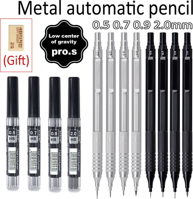 MROOFUL Mechanisches Bleistift Set aus Metall in Schwarz und Silber, 5-teiliges Set mit 0,5-2,0mm Graphitminen HB für Kunst und Skizzen - Bild 1