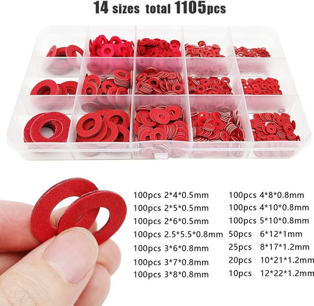 HZYUEGOU Unterlegscheiben Set aus rotem Stahl mit verschiedenen Größen M2 bis M12 als Isolations- und Dichtungsring Set in Box - Bild 1