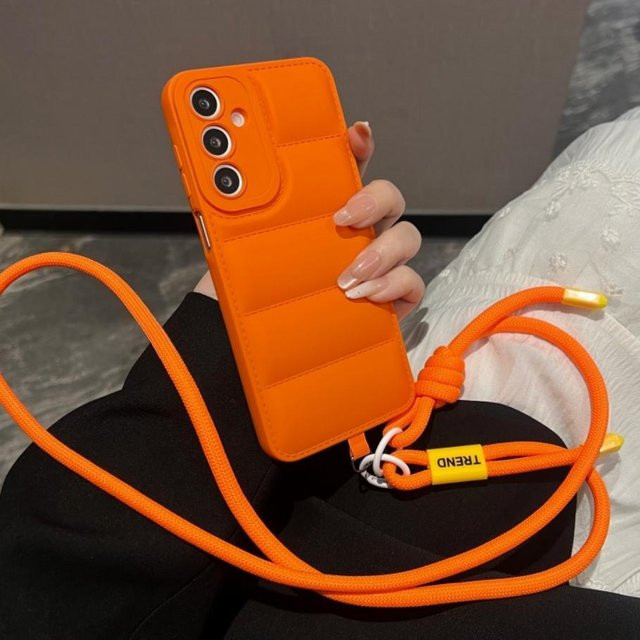 Modische Daunenjacke Handyhülle mit langem Lanyard für Samsung Galaxy S25 S26 Ultra S24 S23 Plus S22 S21 FE A55 A56 A16 A35 in Orange - Bild 1