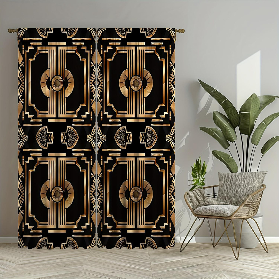 2er-Set Yiran Furniture Dekorative Vorhänge mit goldenem Muster in Schwarz-Gold, semi-transparent, B: 100 cm, H: 130 cm - Bild 2