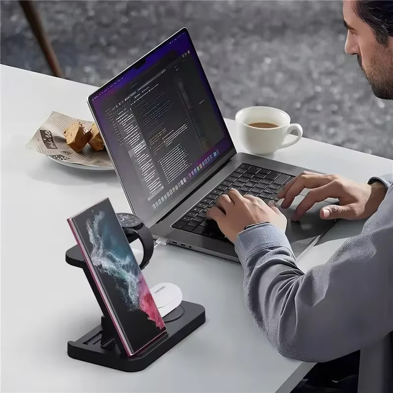 VIKEFON 4 in 1 Wireless Charger Dock faltbar, kabellose Ladestation für iPhone 16 bis 12 Pro Max, iWatch 10 bis SE 2, AirPods Pro und Samsung S25 S24, Farbe: Schwarz - Bild 3