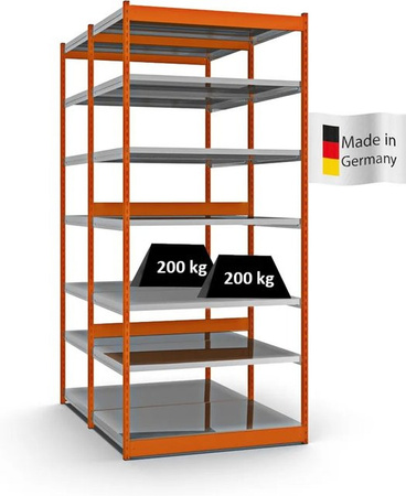 PROREGAL Fachbodenregal Stecksystem mit 7 Ebenen in Orange, doppelseitige Bauart, H x B x T: 300 x 132,5 x 80 cm