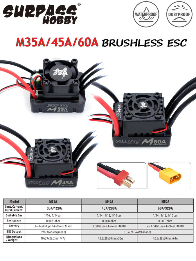 Surpass Hobby M35A/45A/60A Bürstenloser ESC, Wasserdichter Geschwindigkeitsregler, 2-3S - Bild 3