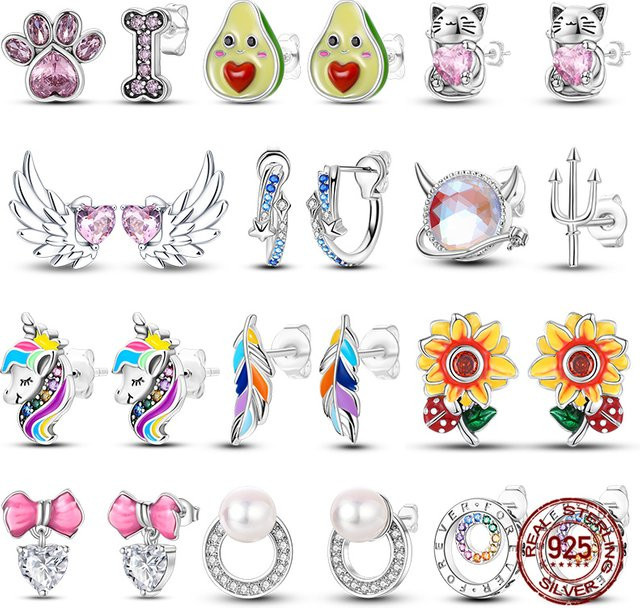 Ohrringe 925 Silber, Flügel und Herz-Intarsien, Einhorn, Damen - Bild 1