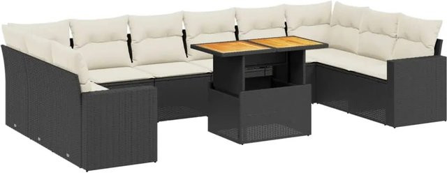 vidaXL 11-teilige Garten-Sofagarnitur in L-Form aus Poly-Rattan und Akazienholz mit Kissen in Schwarz-Creme - Bild 1