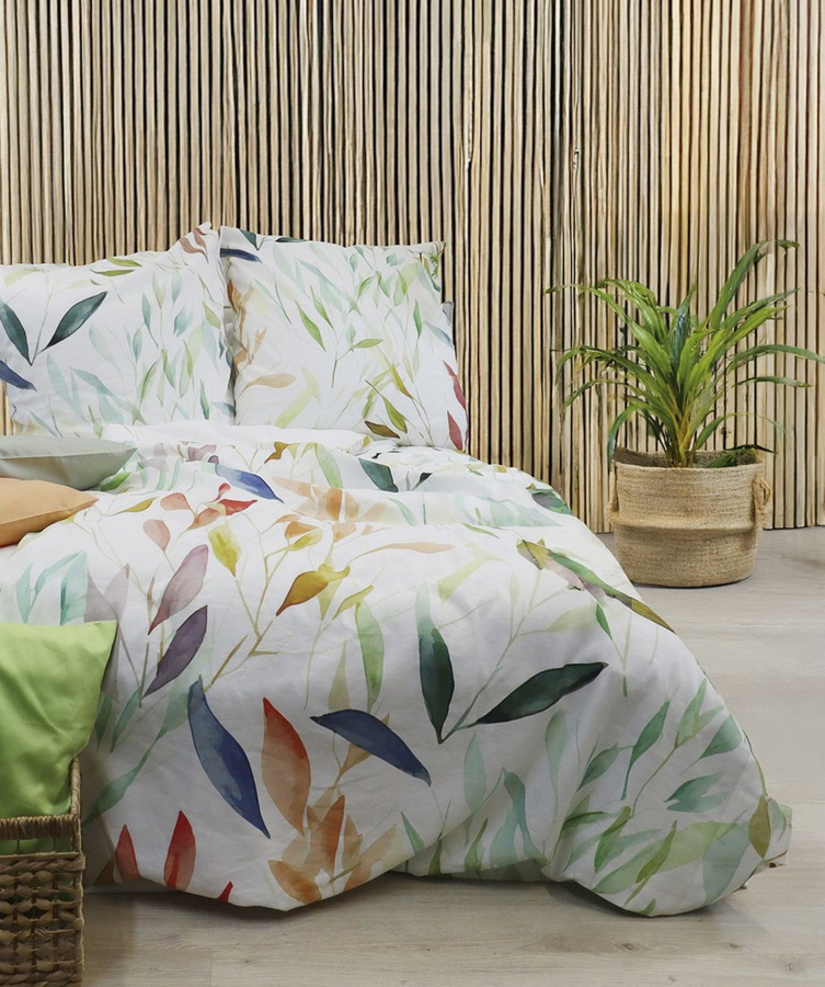 Fleuresse Halbleinen Bettwäsche Floral Natur Grün Orange Weiß Wende Design B/H: 135 x 200 cm - Bild 1