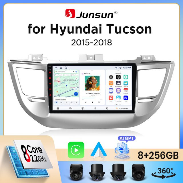 Junsun Wireless CarPlay und Android Auto Autoradio für Hyundai Tucson Mk3 (TL) 2015-2020 mit GPS, WiFi, Bluetooth und IPS-Touchscreen in Schwarz - Bild 1