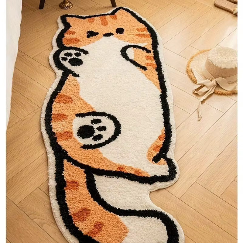 VIKAMA Katzen-Teppich mit Tabby-Tiermuster in Orange und Beige aus Kunstkaschmir, rutschfest und waschbar - Bild 1