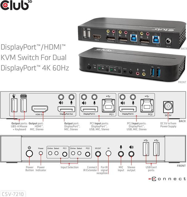 Club 3D CSV-7210 KVM- und Audio-Switch für 2 Geräte in Schwarz mit 4K UHD Unterstützung über DisplayPort und HDMI - Bild 1
