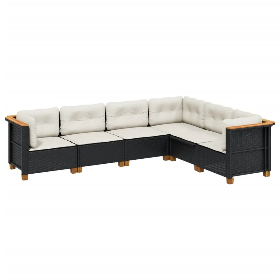vidaXL 6-tlg Garten-Sofagarnitur in L-Form aus Polyrattan und Akazienholz mit Kissen, Schwarz - Bild 2