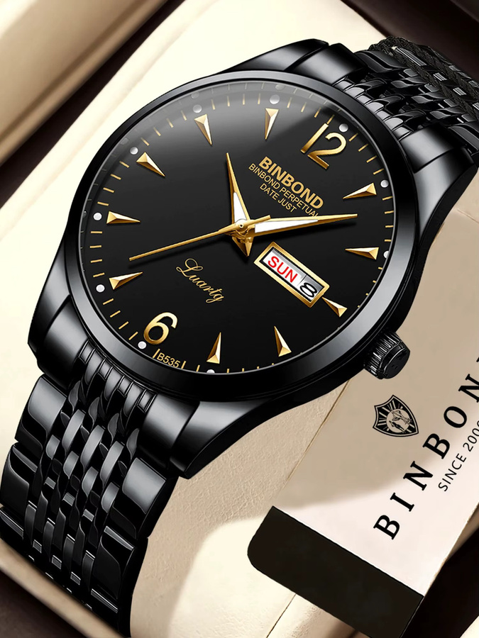 BINBOND Armbanduhr, Quarz, Edelstahl, Schwarz, Herren, Wochentag, Datum - Bild 7