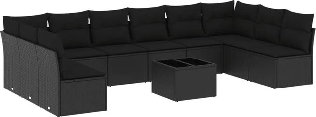 vidaXL 11-tlg Garten-Sofagarnitur Modell 3 aus Poly Rattan mit Kissen und Hartglas in Schwarz - Bild 1