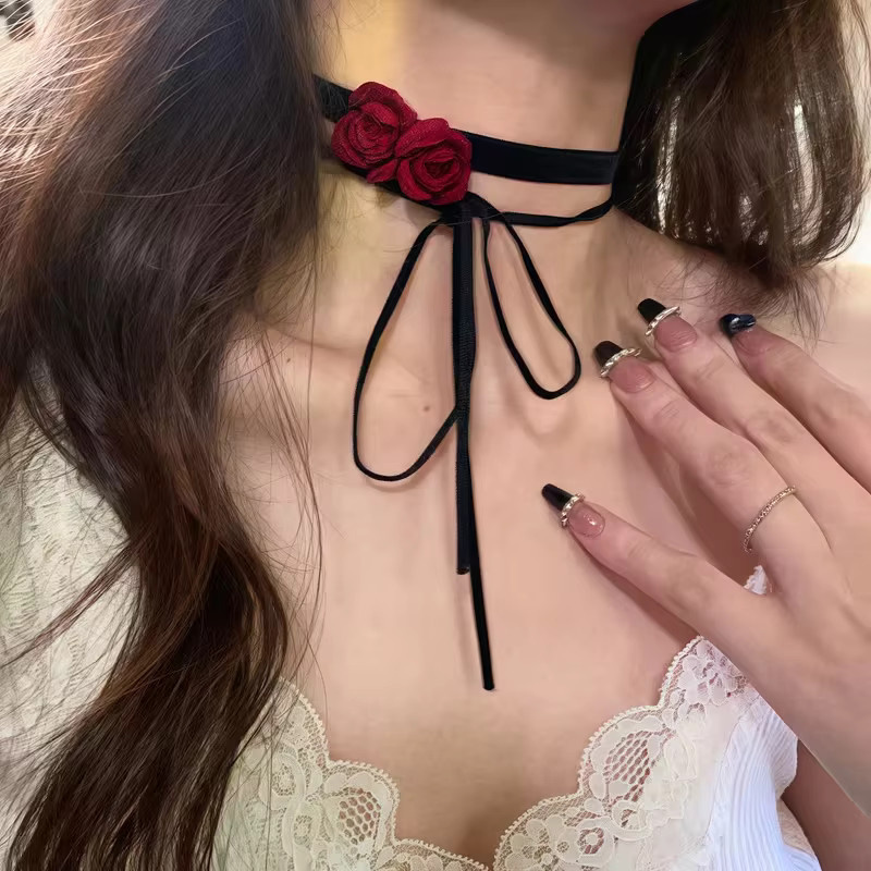 Halskette Damen, Samtblumen, Retro-Schleife, Schwarz, Rot, Vintage - Bild 4