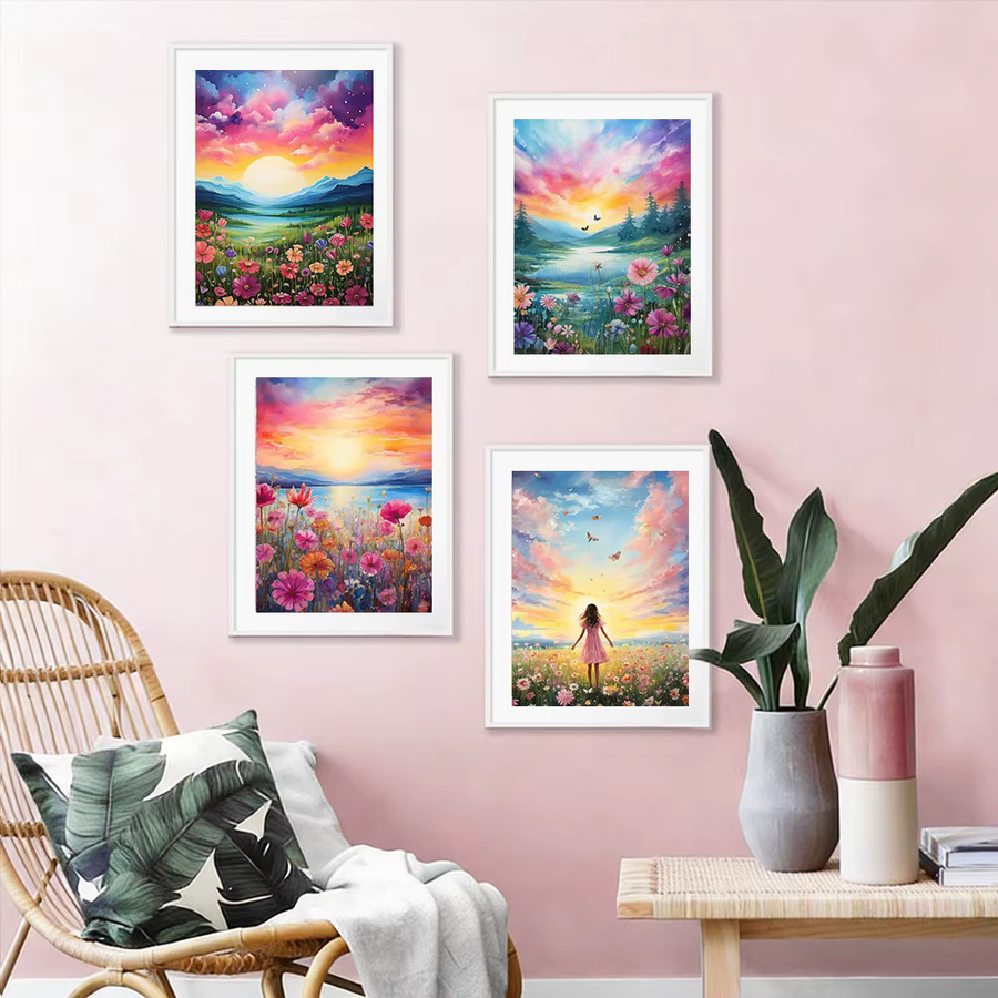 HUACAN 4-teiliges Diamant-Malset mit floralem Gänseblümchen-Blumenlandschaft-Motiv und Sonnenuntergang, rundes Diamant-Mosaik in Multicolour zur Wanddekoration - Bild 2