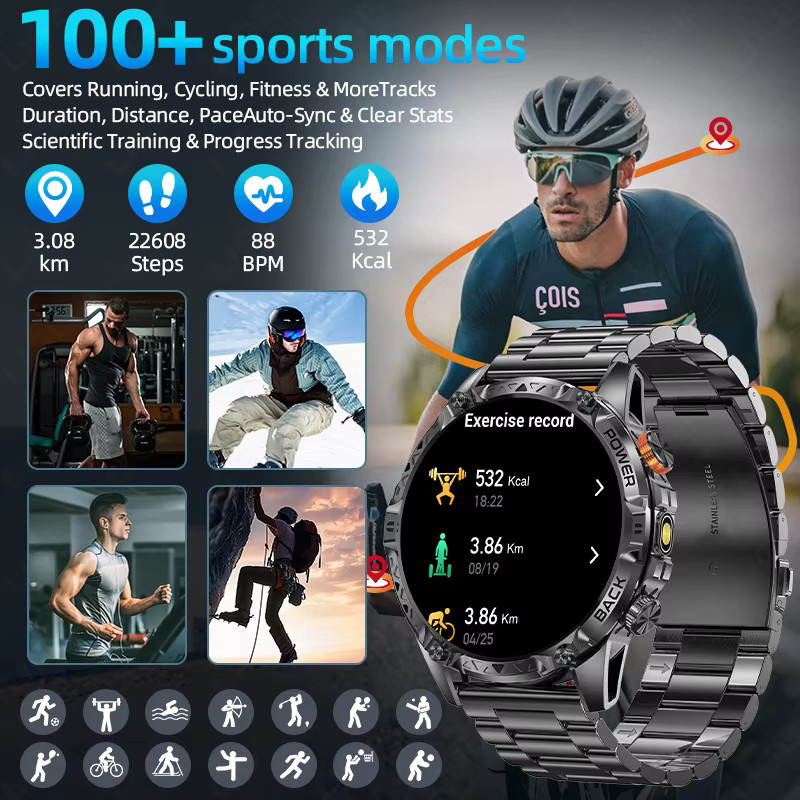 LIGE Outdoor Sport Smartwatch für Herren in Schwarz mit 1000mAh Akku, Bluetooth-Anruffunktion, wasserdicht und integrierter Taschenlampe - Bild 2