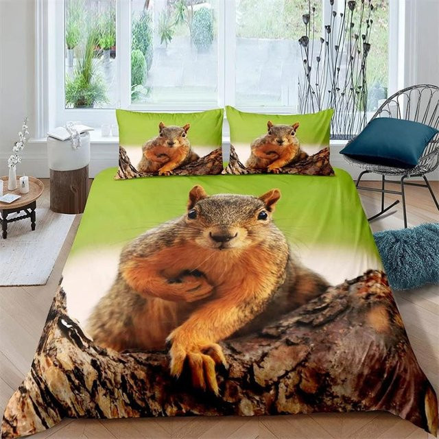 JMG Household Supplies Bettwäsche Set Eichhörnchen Königin mit 3D-Tierprint in Grün, 2-teilig, Bettbezug und Kissenbezug aus Mikrofaser, Breite: 70 cm, Länge: 133 cm - Bild 1