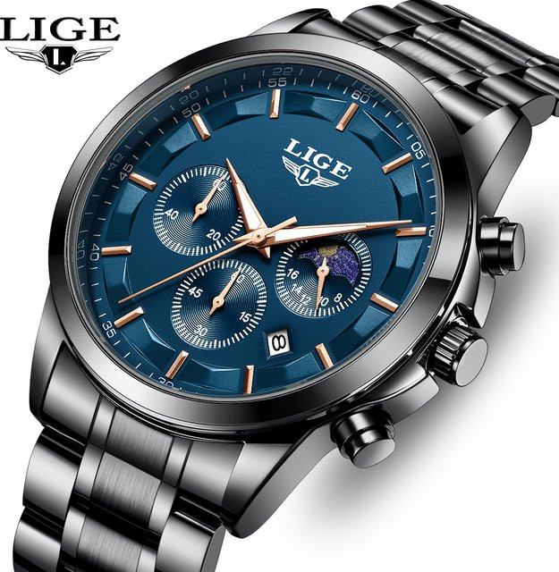 LIGE Armbanduhr Chronograph, Quarz, Edelstahl, Blau, Herren - Bild 1