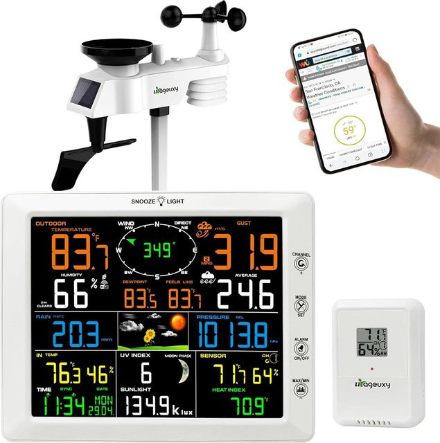 Urageuxy WiFi-Wetterstation mit 8,3-Zoll-Farbdisplay und kabellosem Außensensor in Weiß zur Messung von Regen, Windgeschwindigkeit, Windrichtung, Temperatur und UV-Index - Bild 1