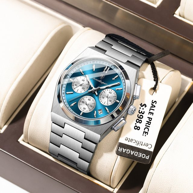 POEDAGAR Chronograph, Quarz, Edelstahl, Blau, Herren - Bild 1