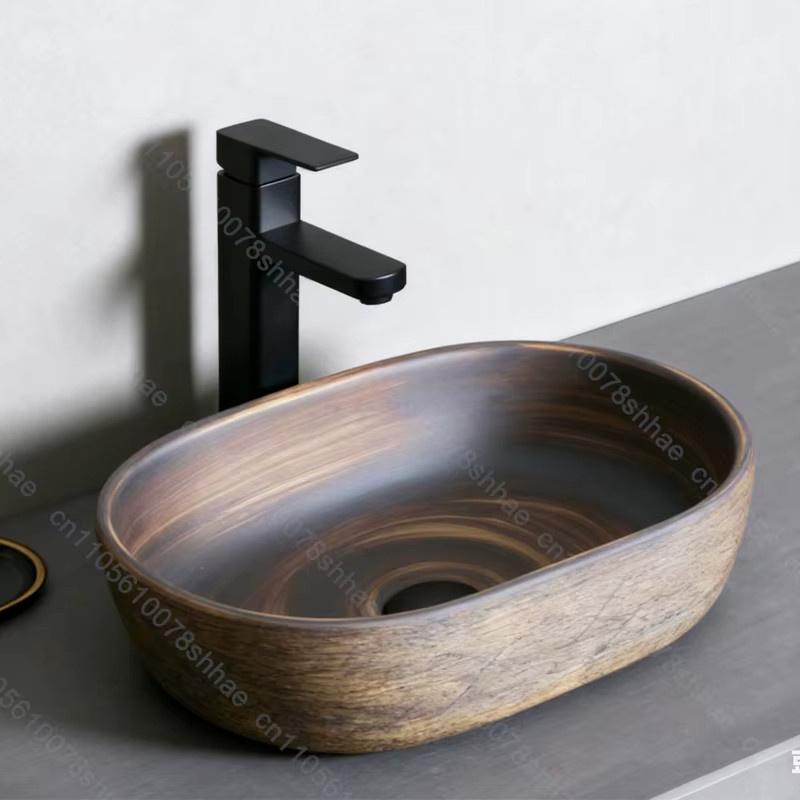 FIIBUU Aufsatzwaschbecken aus Keramik in Braun, ovales Vintage Waschbecken für das Badezimmer, B/T/H: 58 x 48 x 13 cm - Bild 5