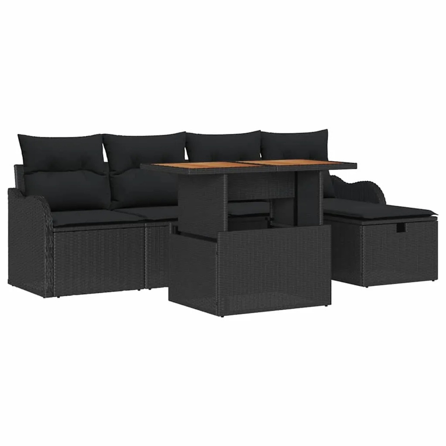 vidaXL Garten-Sofa-Set aus Poly Rattan in Schwarz, 6-teiliges L-Shape Set mit Tisch, Hocker, Armsofas, Mittelsitzen und Polsterkissen aus UV-beständigem Polyesterstoff - Bild 2
