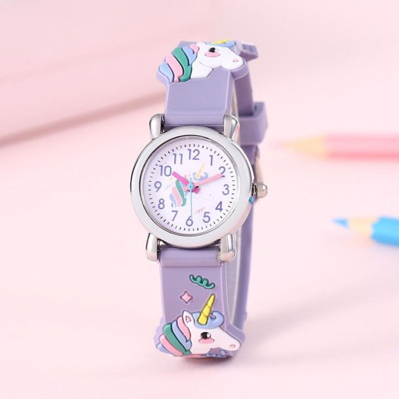 Runde Einhorn Cartoon Wanduhr für Kinder in Lila mit Analog-Quarzwerk aus Kunststoff - Bild 1