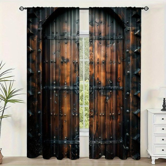 Yiran Furniture 2-teiliger Halbverdunkelungsvorhang mit Holztürdruck in Grau und Braun, B: 100 cm, H: 130 cm - Bild 1