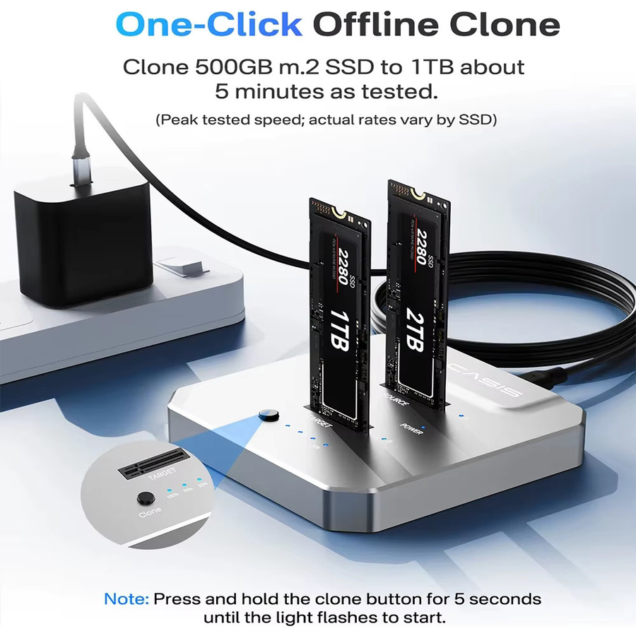 Acasis Dual-Bay M.2 NVMe Duplicator Offline-Kloner mit 20Gbps USB 3.2 Typ-C Anschluss für 2230/2242/2260/2280 SSDs in Silber - Bild 2
