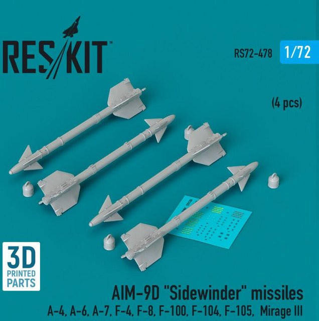 ResKit Models AIM-9D Sidewinder missiles, 4-teiliges Set, 1:72, 3D Printed - Bild 1