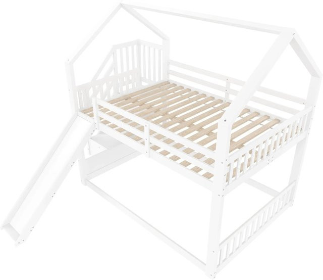 okwish Kinderetagenbett im Hüttenstil mit Stauraumtreppe und Rutsche, Farbe Weiß, B/T/H: 140 x 200 x 201 cm - Bild 1