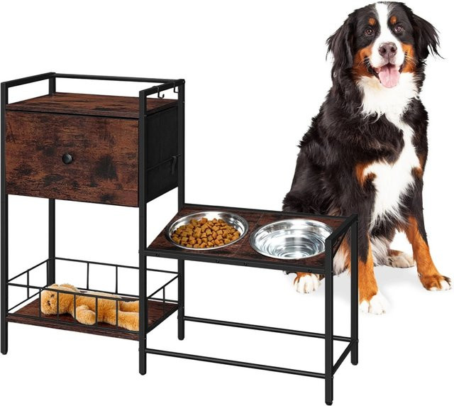 Relaxdays Erhöhte Futterstation für Hunde im Industrial-Design aus MDF, Eisen und Edelstahl, Schwarz/Braun, B: 90 cm, H: 76 cm, T: 27 cm - Bild 1