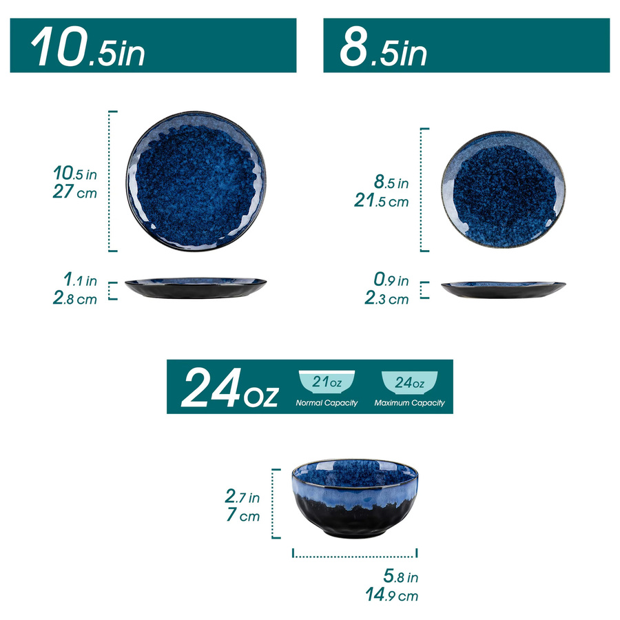 vancasso Keramik-Geschirrset aus Steinzeug, 12-teiliges blaues Dinner-Set mit Speisetellern, Desserttellern, Müslischalen und Schüsseln, ofenfest - Bild 2