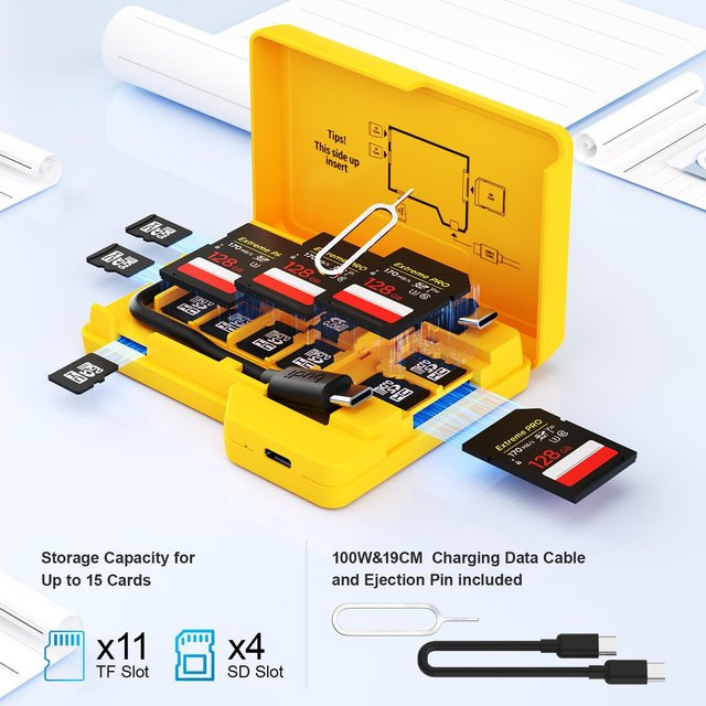 BUDI SD-Speicherkartenleser-Aufbewahrungsbox mit 4-Slot-Funktion für gleichzeitiges Lesen und Schreiben, USB-C, Gelb - Bild 1