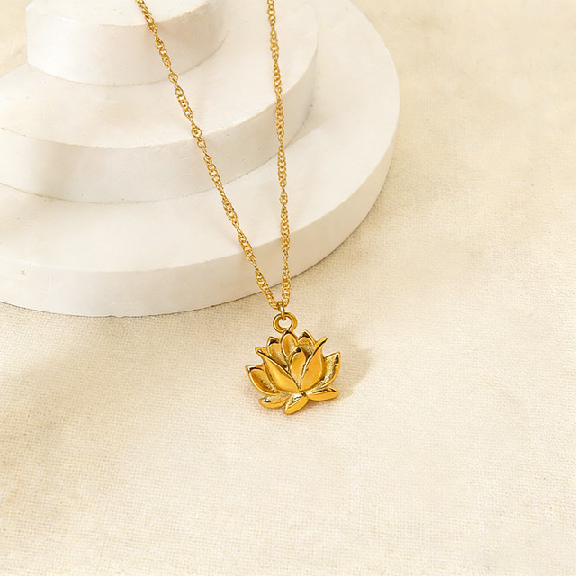 Halskette mit Anhänger, Edelstahl, Gold, Lotusförmiges Design, Unisex - Bild 1