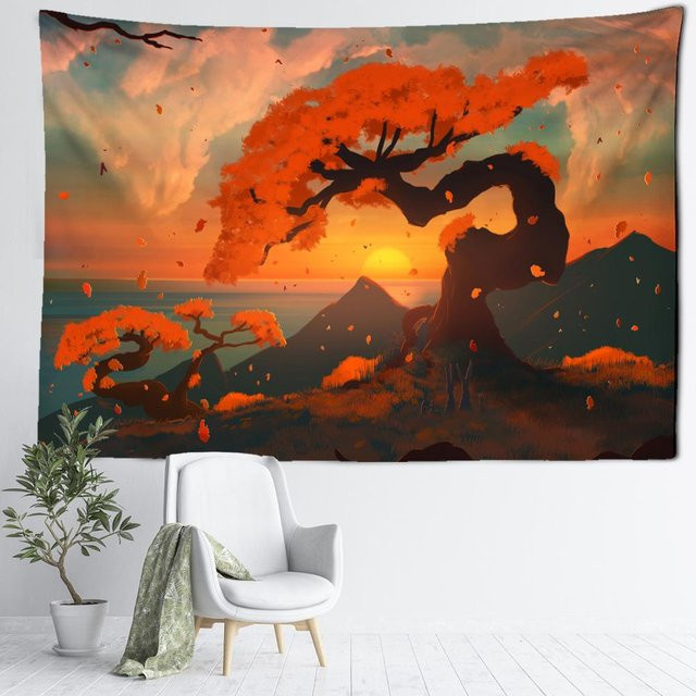 Super Six Wandteppich Sonnenuntergang Cartoon Wald im Boho-Stil, Farbe: Rot und Orange, Breite: 95 cm, Höhe: 70 cm - Bild 1
