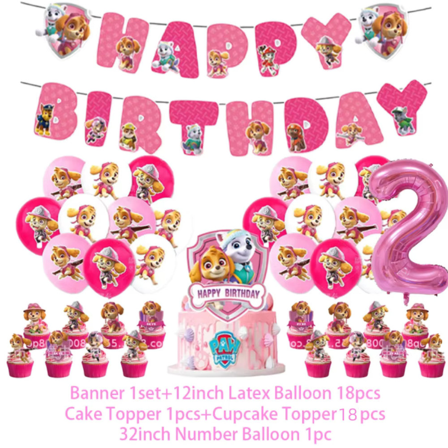 Rosa Paw Patrol Geburtstagsparty-Dekorationsset mit Tischdecke, Tellern, Tortendekoration, Ballons und Banner für Kinder - Bild 1