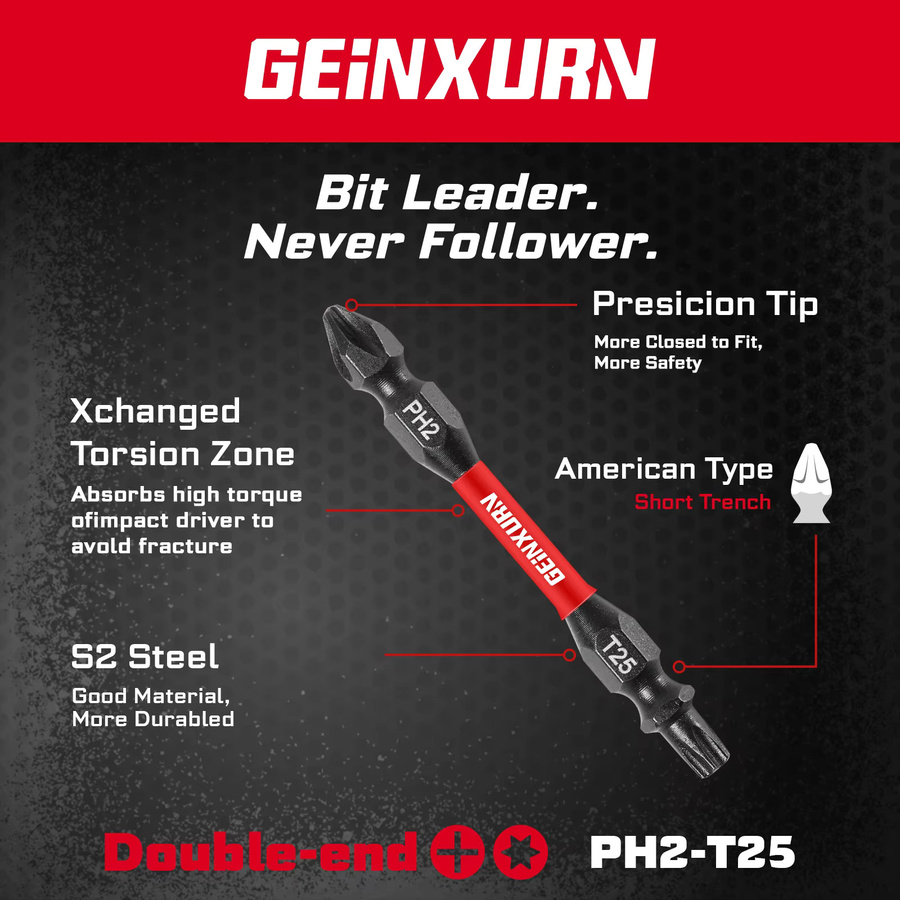 Geinxurn Impact Doppelend-Schraubendreher-Bit-Set aus S2-Stahl mit Aufbewahrungsbox M-Box, magnetisch, Phillips #2 und Torx #25/20, 2,56 Zoll - Bild 3