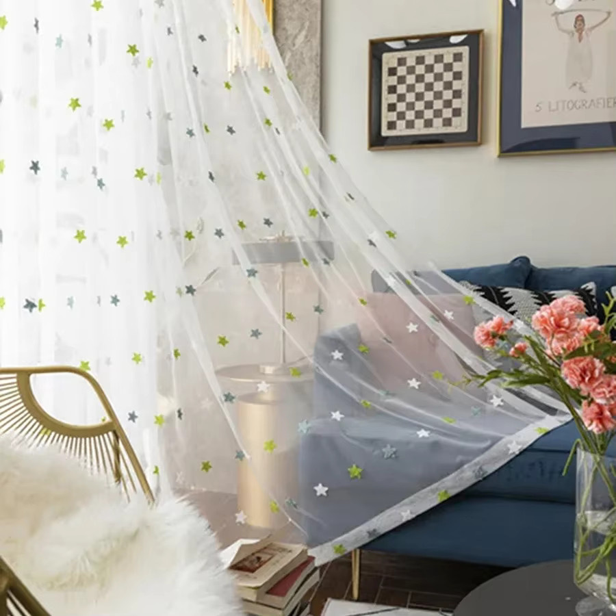 AiFish Transparente Gardinen mit Stern-Stickerei in Grün und Weiß für Kinderzimmer und Wohnzimmer - Bild 2