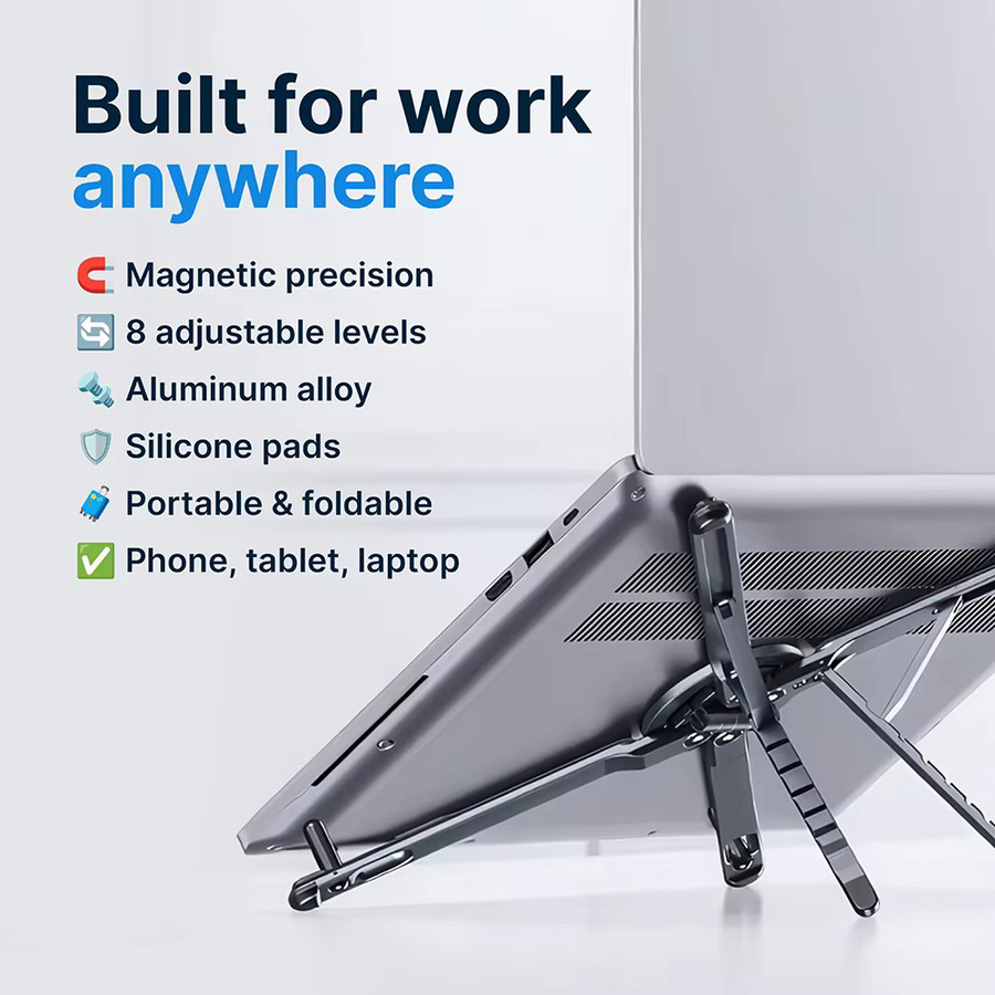 VOTHOON Faltbarer magnetischer Laptop-Ständer aus Aluminiumlegierung in Silber und Grau, verstellbarer Notebook-Halter mit Wärmeableitung für Smartphone und Tablet - Bild 4